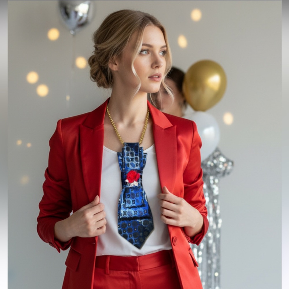 “Dainty Dapper”Blue and Black Polka Dot Tie necklace with Red Rose Accent